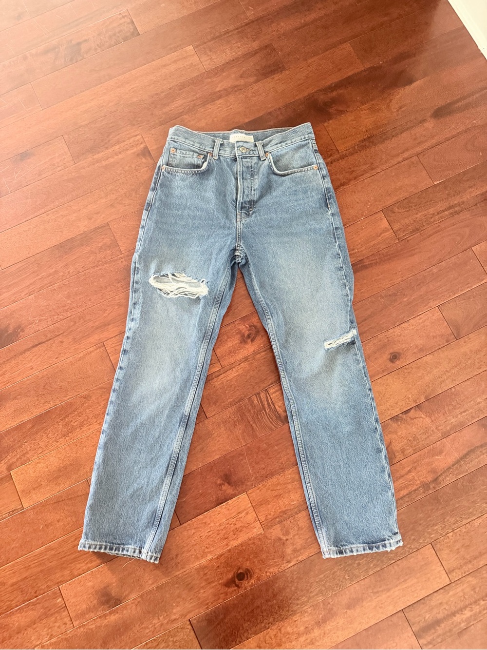 Topshop Dad Jeans Mid Rise Light Blue Distressed Knee 28